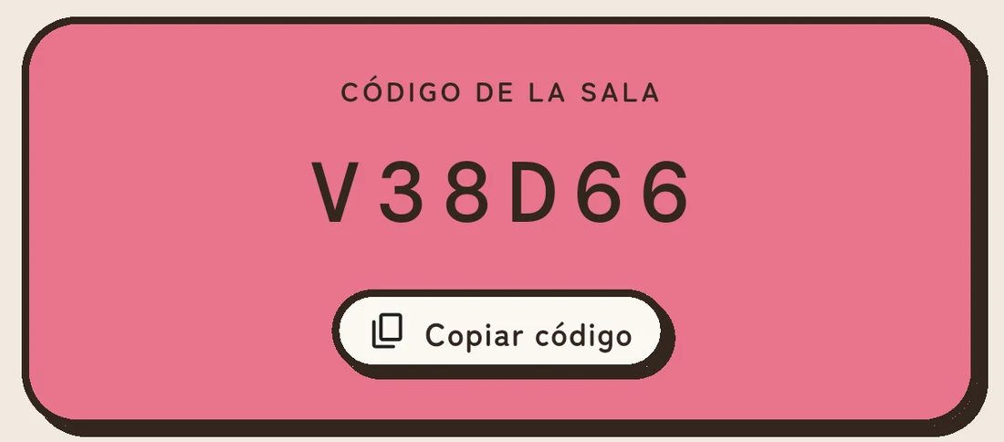 La tarjeta con el código de una sala, de seis caracteres, y un botón para copiarlo.