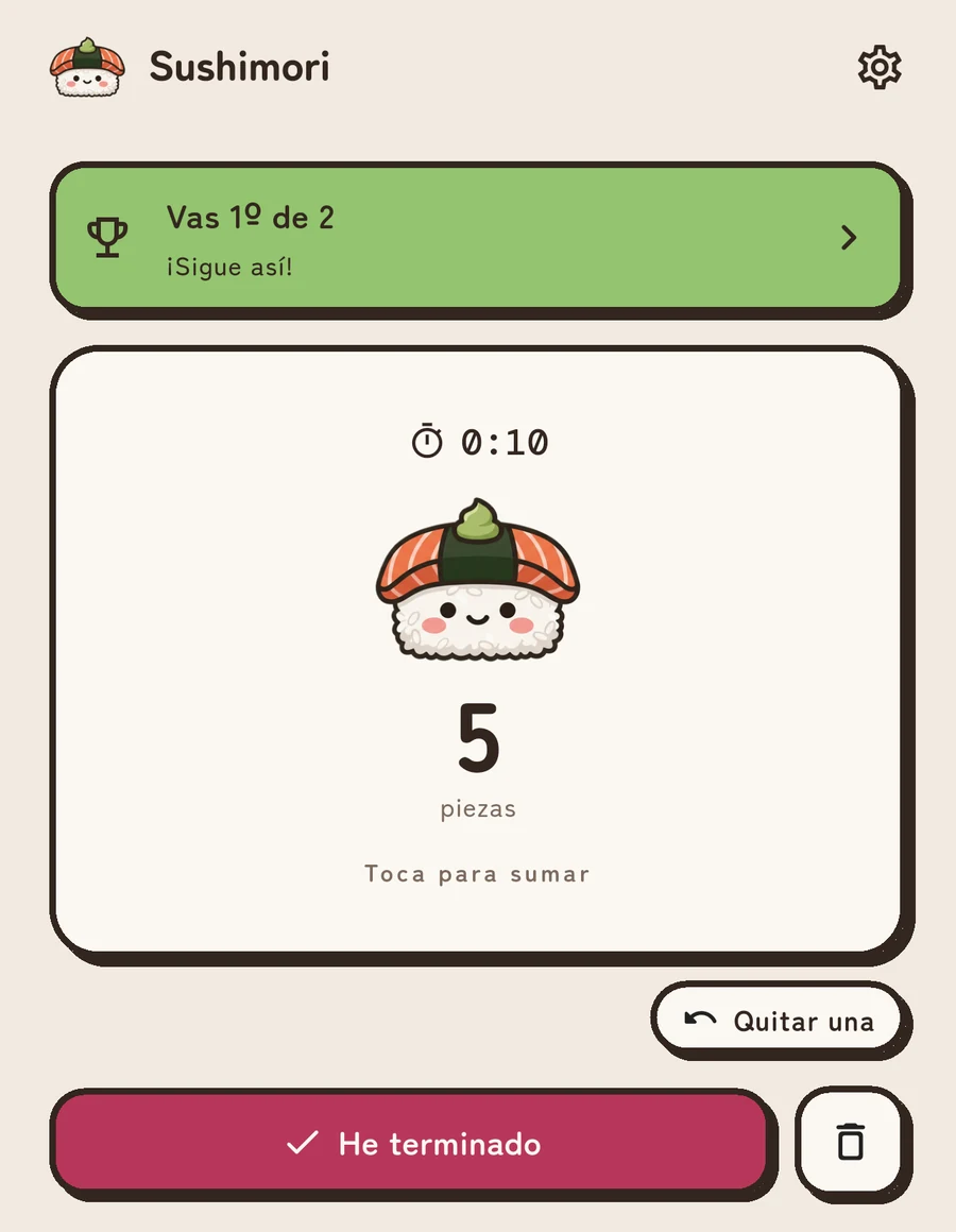 La pantalla principal de Sushimori: el aviso de que vas primero de dos en la quedada, un cronómetro en marcha, cinco piezas contadas y los botones de quitar una y he terminado.
